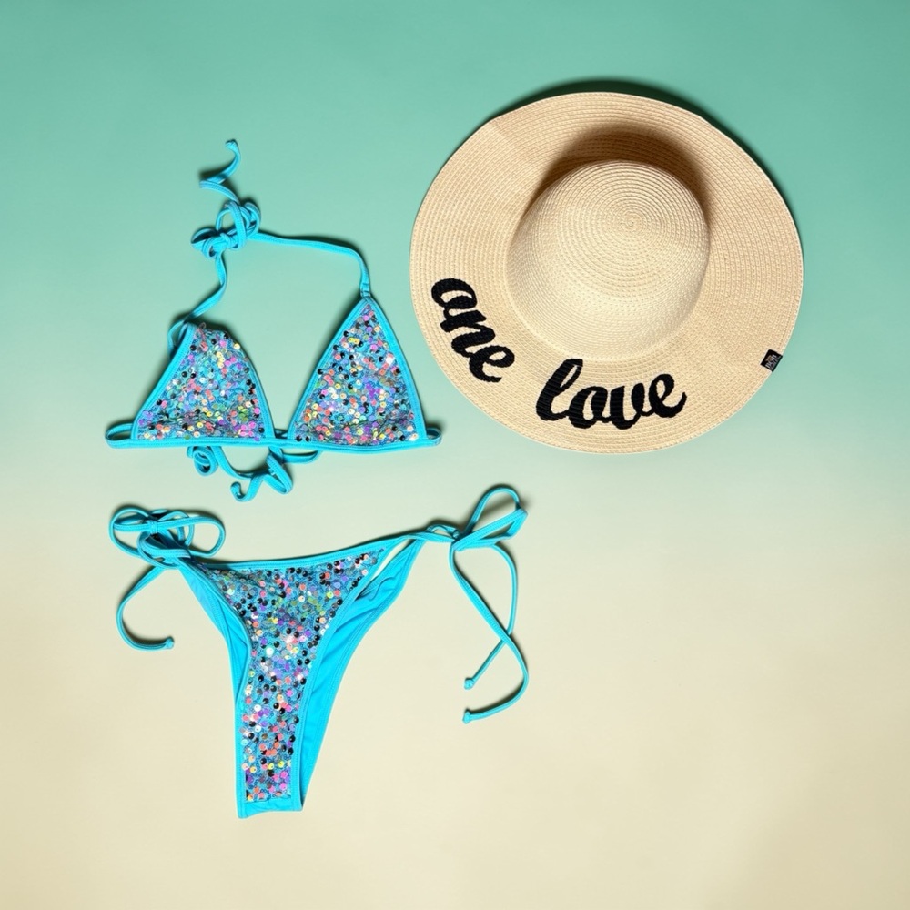 Sirena Blue Sequin Triangle Top and Side Tie Scrunch Bottom BIKINI 👙